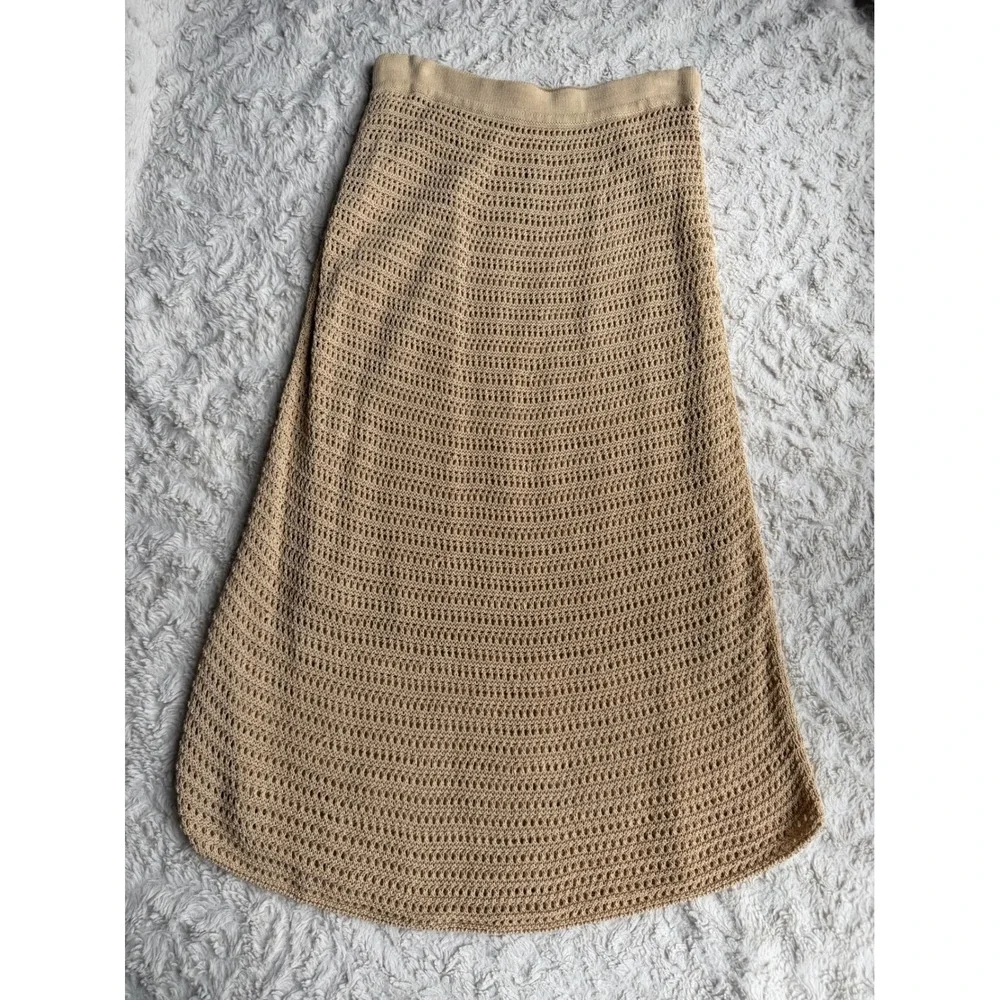 Vince Tan Beige Crochet Open Knit Cotton Blend Midi Skirt Elastic Waist XS S